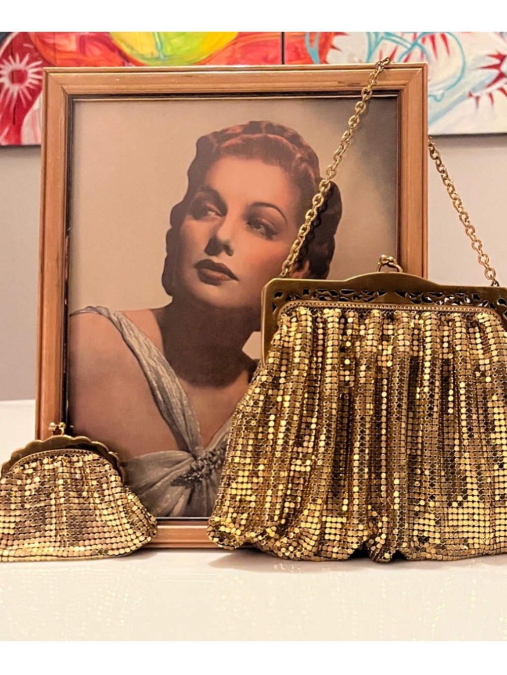 WHITING AND DAVIS GOLD MESH SEQUIN EVENING CLUTCH BAG & COIN PURSE